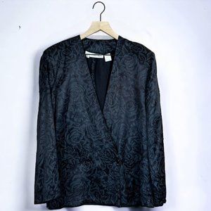 Vintage 80s 90s Cristina Black Floral Blazer & Skirt Suit Set Separates Size 11